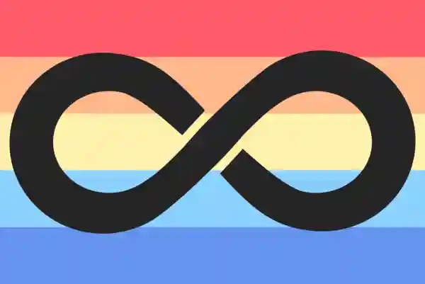 Bandeira gêneroqueer: cinco cores divididas em linhas horizontais, com um símbolo do infinito no centro: vermelho pastel, laranja pastel, amarelo pastel, azul claro pastel, azul escuro pastel.