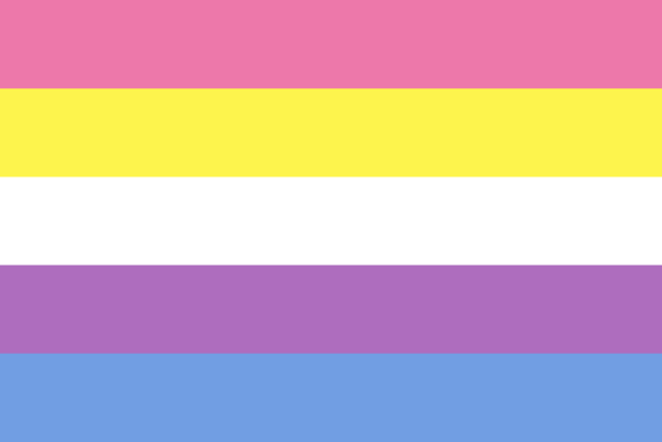 Bandeira bigênero: cinco cores divididas em linhas horizontais: rosa, amarelo, branco, roxo e azul.