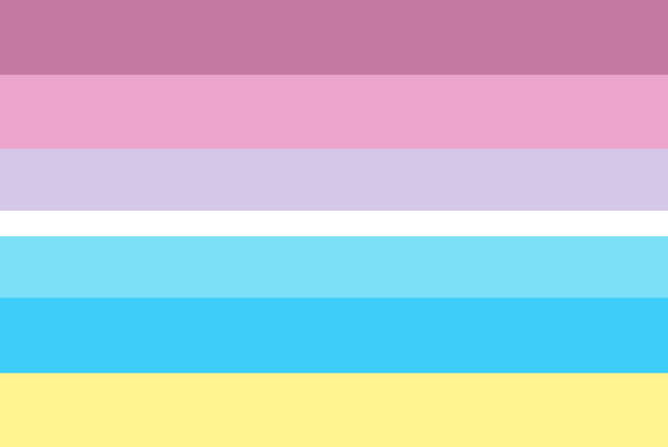 Bandeira bigênerofluxo: sete cores divididas em linhas horizontais, com uma linha mais fina no meio: rosa escuro, rosa claro, roxo claro, branco, azul claro, azul escuro, amarelo.