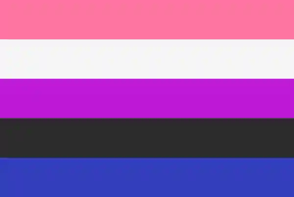 Bandeira genênerofluido: cinco cores divididas em linhas horizontais: rosa, branco, roxo e azul.