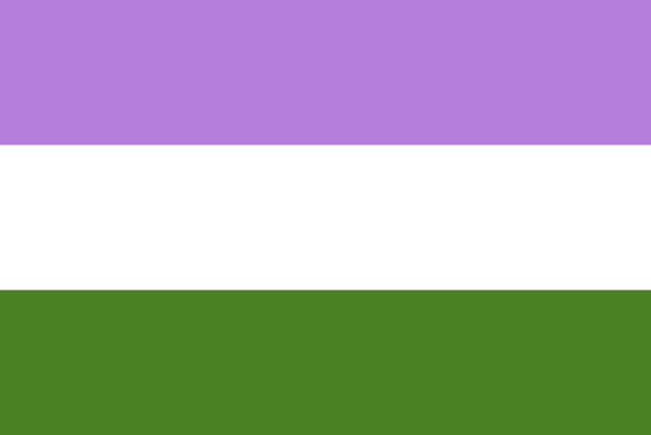 Bandeira gêneroqueer: três cores divididas em linhas horizontais: roxo claro, branco e verde