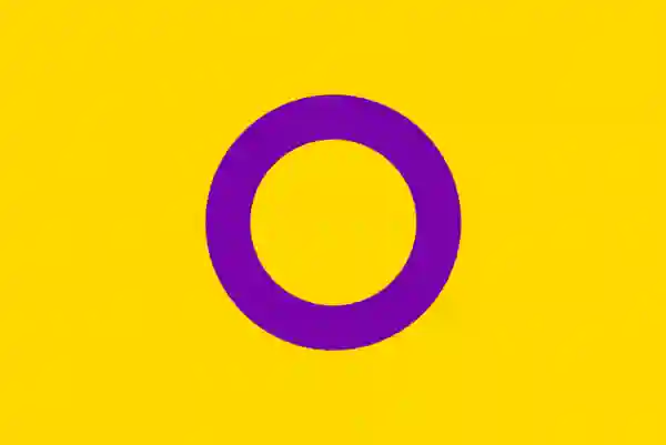 Bandeira intersexo: uma bandeira amarela com um círculo roxo no centro.
