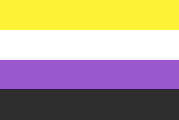 Bandeira não binária: quatro cores divididos em linhas horizontas, amarelo, branco, roxo e preto.