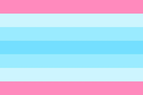 Bandeira transmasculino: sete cores divididas em linhas horizontais: rosa no topo e no fundo, e uma gradiente de azuis claros em meio as linhas rosas.