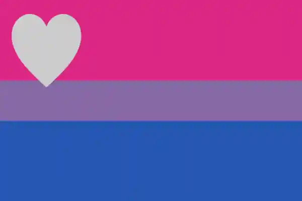 Bandeira birromântica: a bandeira bissexual, mas com um símbolo de coração branco no canto superior esquerdo.