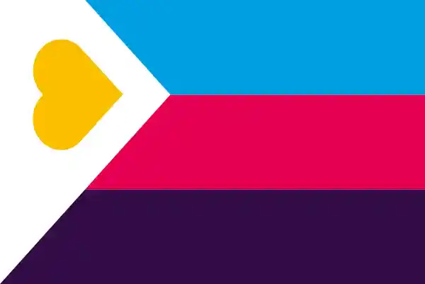 Bandeira poliamorosa: três cores divididas em linhas horizontais, com um triângulo branco como divisa na esquerda, contendo dentro um símbolo de coração dourada apontando para a esquerda. As cores são: azul, vermelho e roxo.
