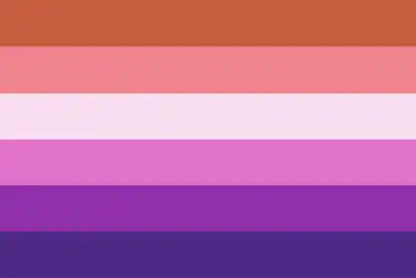 Bandeira butch: seis cores divididas em linhas horizontais: um gradiente entre as cores laranja e roxo.