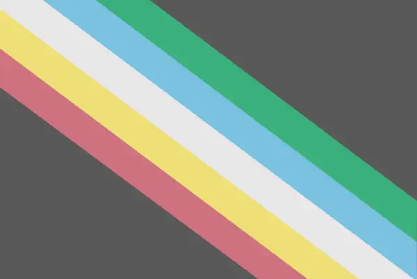 Bandeira da deficiência: Uma bandeira cinza-carvão com uma faixa diagonal do canto superior esquerdo ao canto inferior direito, composta por cinco listras paralelas em vermelho, dourado, cinza claro, azul e verde. Descrição retirada da Wikipedia.
