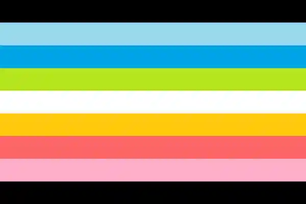 Bandeira queer: nove cores divididas em linhas horizontais: preto nas linhas do topo e do fundo, ciano, azul, verde, branco, amarelo, vermelho e rosa.