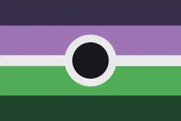 Bandeira voidpunk: cinco cores divididas em linhas horizontais: com um ponto preto no meio embrulhado pela linha do meio: roxo escuro, violeta, branco, verde e verde escuro.